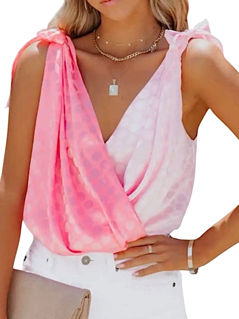 Strut & Bolt Pink Polka Dot Dual Toned Draped V Neck Bodysuit Size Small NWT